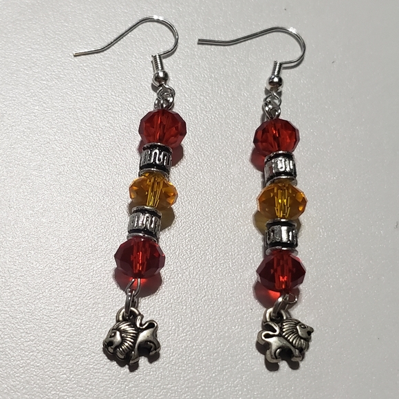 Hand Crafted Jewelry - Red, Orange & Silver Lion Earrings